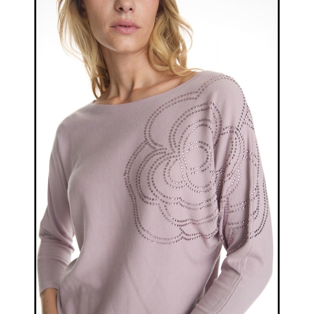 LIV Milano Sweater Women Large Mauve Rhinestone Floral Dolman Sleeve Boat Neck